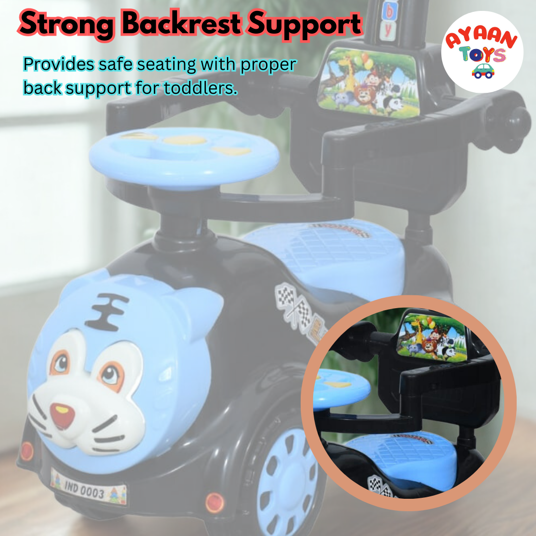 Ayaan Toys Tiger Face Ride-On Push Car for Kids 1–4 Years | Safety Guardrail, Backrest & Parent Handle | Musical Push Ride-On Toy for Boys & Girls | Sturdy Wheelbase & Storage Under Seat.