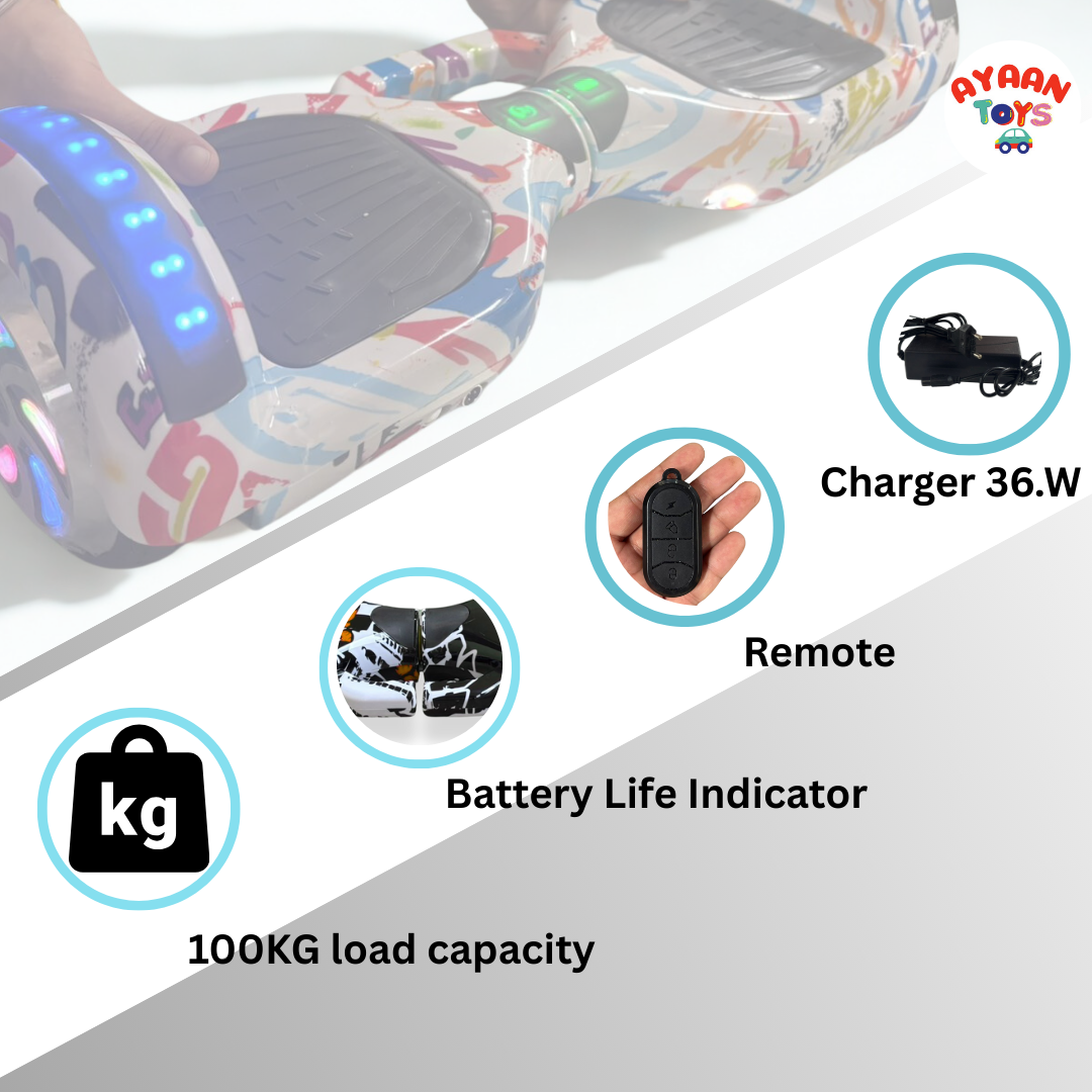Ayaan Toys - Vibrant Graffiti Style Hoverboard with LED Lights & Bluetooth - 6.5-inch Self-Balancing Electric Scooter for Kids & Adults.