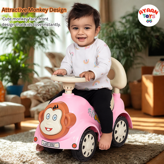 Ayaan Toys - Monkey Face Ride On Car for Kids 1–4 Years | Push Ride On with Backrest & Steering Wheel | Pink Baby Ride On Toy | Indoor Outdoor Foot-to-Floor Car