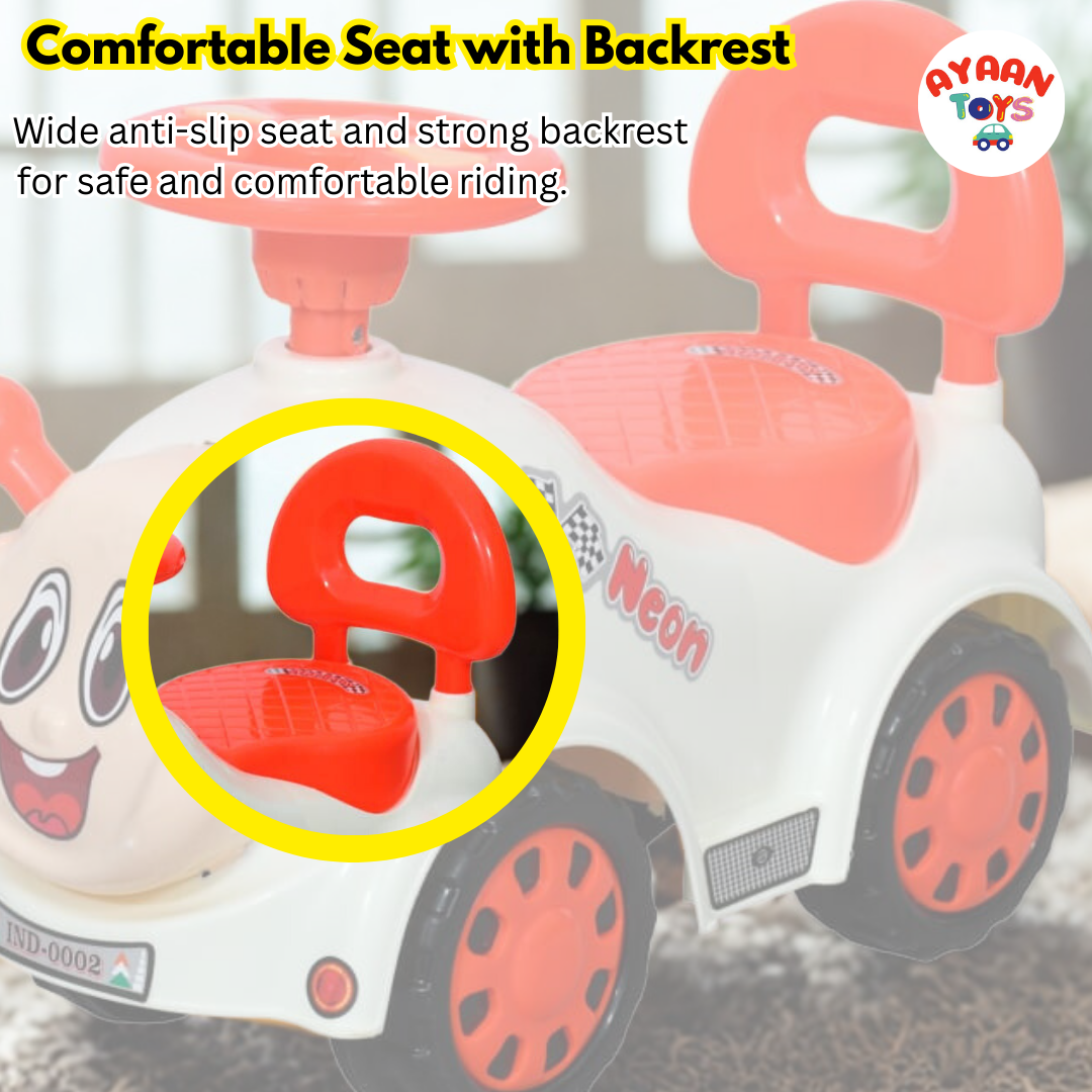 Ayaan Toys - Push Ride On Car for Kids 1–4 Years.with Backrest & Steering Wheel | White&Orange Push Ride On Toy | Indoor Outdoor Foot-to-Floor Car.