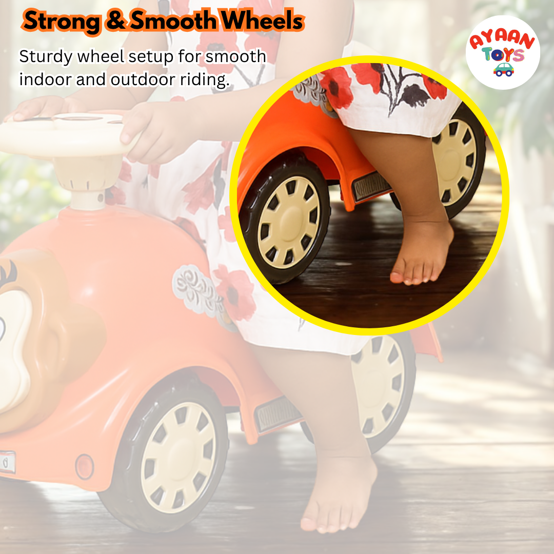 Ayaan Toys - Monkey Face Ride On Car for Kids 1–4 Years | Push Ride On with Backrest & Steering Wheel | Baby Ride On Toy | Indoor Outdoor Foot-to-Floor Car