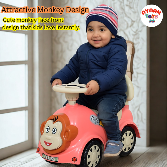 Ayaan Toys - Monkey Face Ride On Car for Kids 1–4 Years | Push Ride On with Backrest & Steering Wheel | Pink Baby Ride On Toy | Indoor Outdoor Foot-to-Floor Car