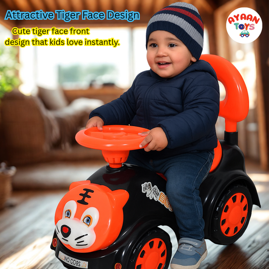Ayaan Toys - Tiger Face Ride On Car for Kids 1–4 Years | Push Ride On with Backrest & Steering Wheel | Black & Red Baby Ride On Toy | Indoor Outdoor Foot-to-Floor Car