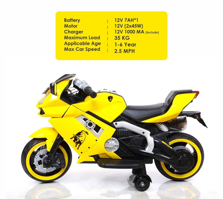Rechargeable bike for kids| Battery operated bike for kids 12V Battery Operated Ride on Bike for Kids with Hand Race, Music and Lights in Wheels Suitable for Boy | Girls of Age 2 to 6 Years -Yellow