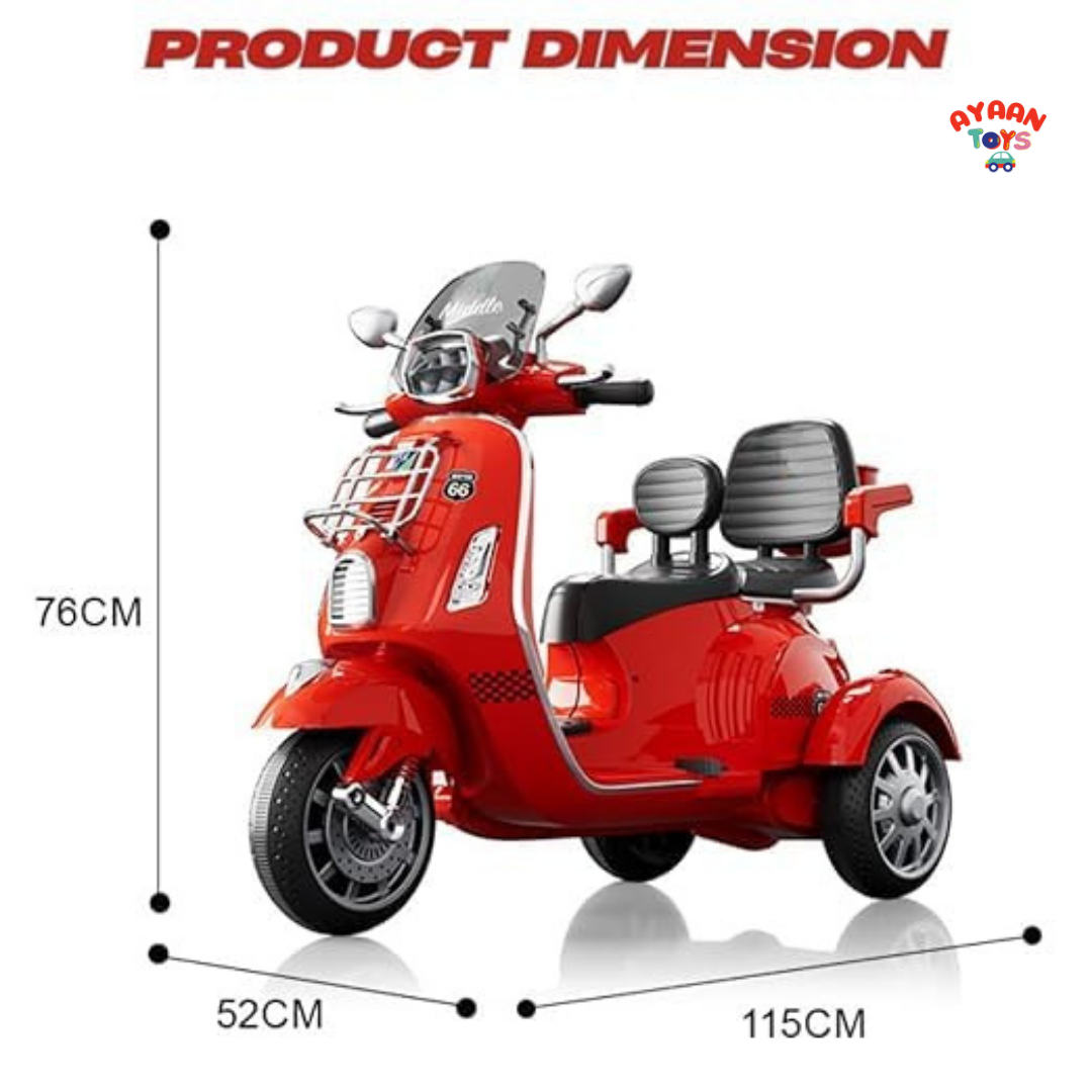 Ayaan Toys Kids Electric Ride-On Scooter | 3-Wheel Battery Operated Scooty for Kids | Dual Seat with Backrest | LED Headlight & Music | Rechargeable Toy Vehicle for Boys & Girls (Red)