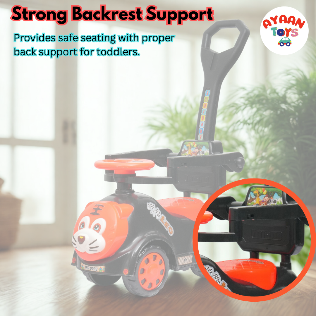 Ayaan Toys Tiger Face Ride-On Push Car for Kids 1–4 Years | Safety Guardrail, Backrest & Parent Handle | Musical Push Ride-On Toy for Boys & Girls | Sturdy Wheelbase & Storage Under Seat.