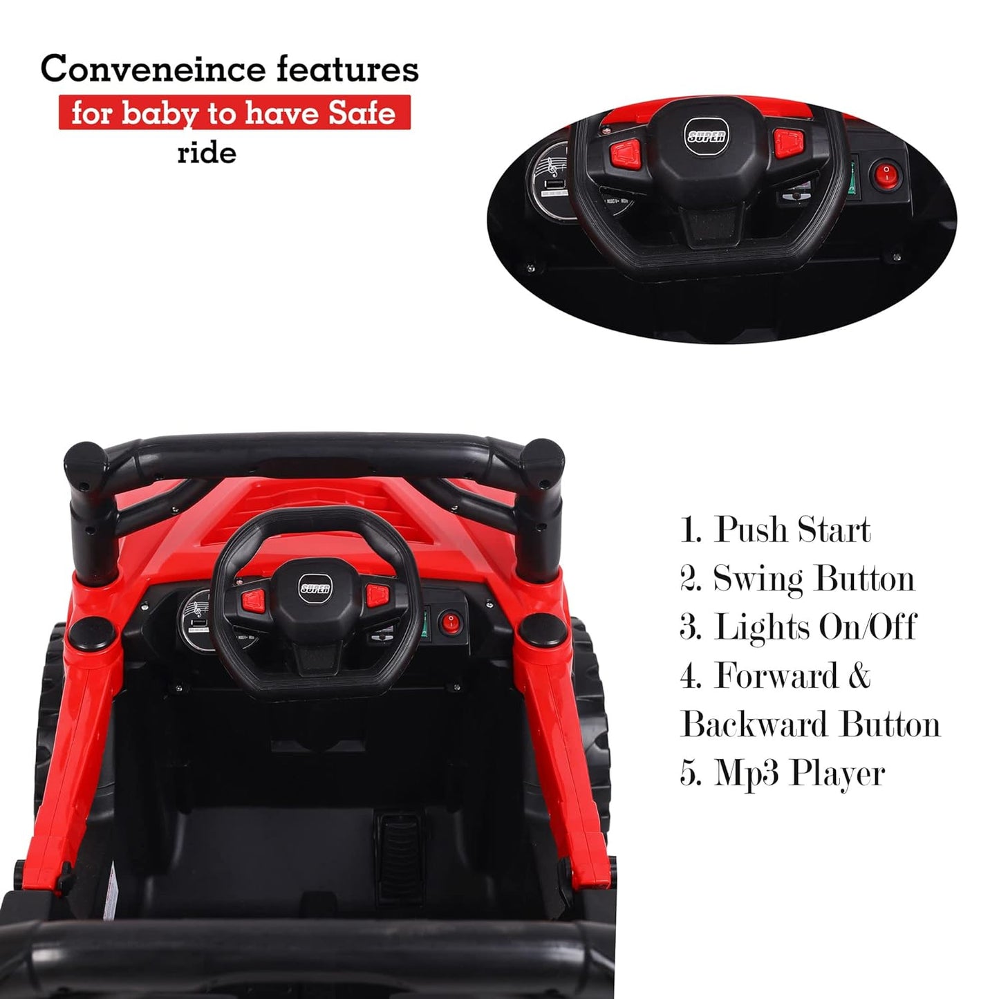 Electric Ride on for Kids | Battery Car For 1 to 7 Year Kids | Car For Kids with Swing Option, Music System, Spring Suspension and Remote Control- Red