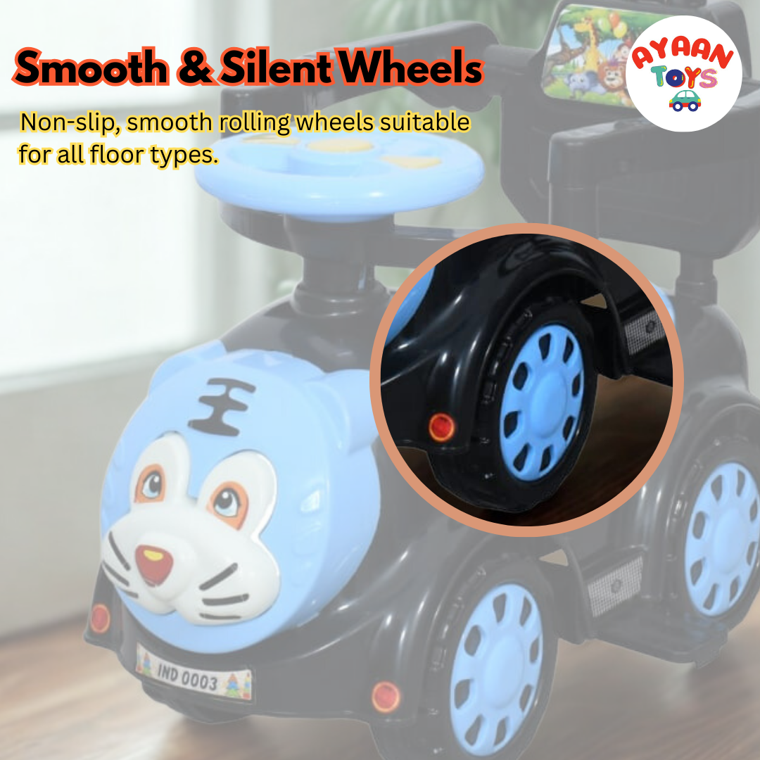 Ayaan Toys Tiger Face Ride-On Push Car for Kids 1–4 Years | Safety Guardrail, Backrest & Parent Handle | Musical Push Ride-On Toy for Boys & Girls | Sturdy Wheelbase & Storage Under Seat.