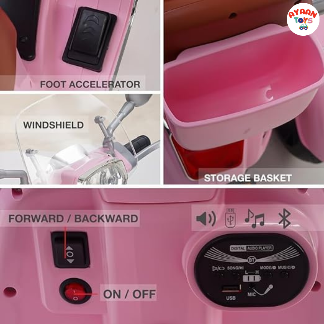 Ayaan Toys Kids Electric Ride-On Scooter | 3-Wheel Battery Operated Scooty for Kids | Dual Seat with Backrest | LED Headlight & Music | Rechargeable Toy Vehicle for Boys & Girls (pink)