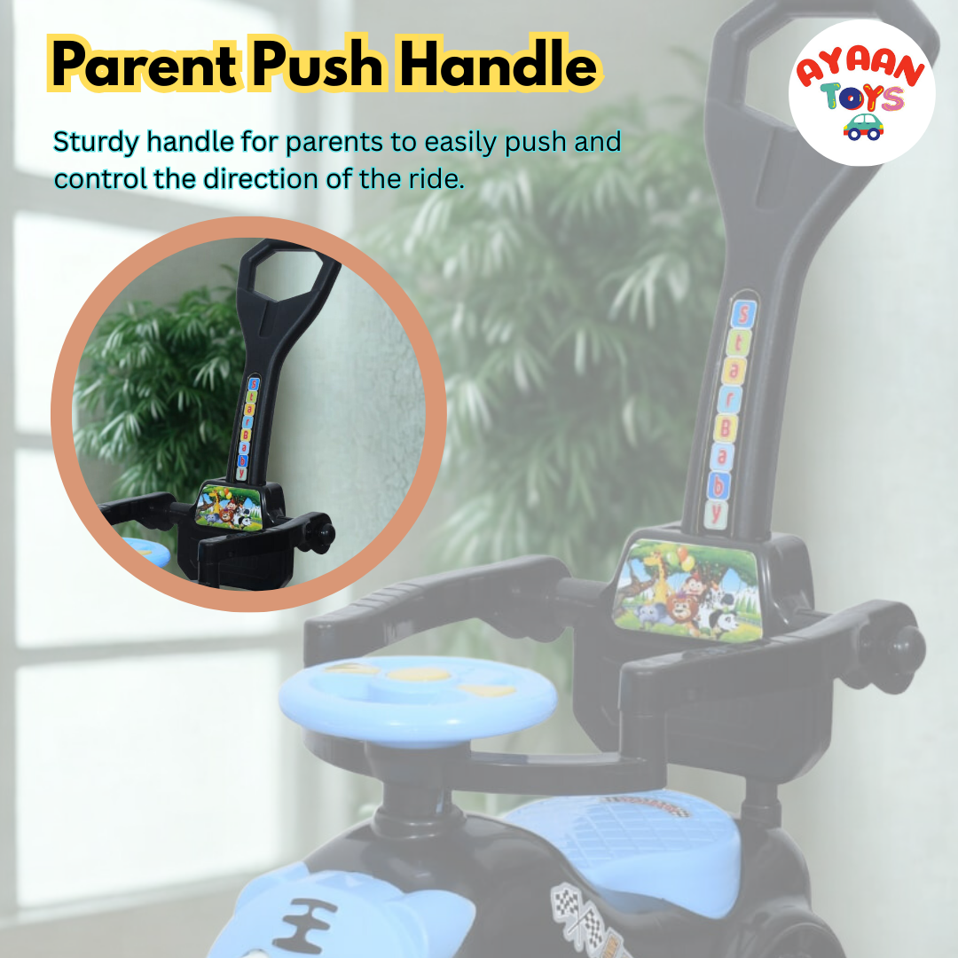 Ayaan Toys Tiger Face Ride-On Push Car for Kids 1–4 Years | Safety Guardrail, Backrest & Parent Handle | Musical Push Ride-On Toy for Boys & Girls | Sturdy Wheelbase & Storage Under Seat.