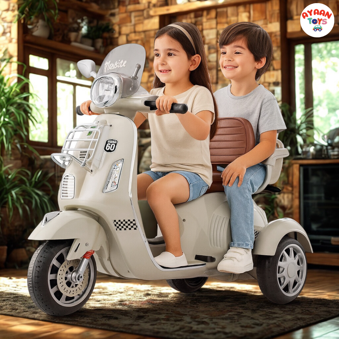 Ayaan Toys Kids Electric Ride-On Scooter | 3-Wheel Battery Operated Scooty for Kids | Dual Seat with Backrest | LED Headlight & Music | Rechargeable Toy Vehicle for Boys & Girls