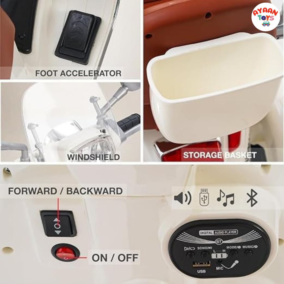 Ayaan Toys Kids Electric Ride-On Scooter | 3-Wheel Battery Operated Scooty for Kids | Dual Seat with Backrest | LED Headlight & Music | Rechargeable Toy Vehicle for Boys & Girls