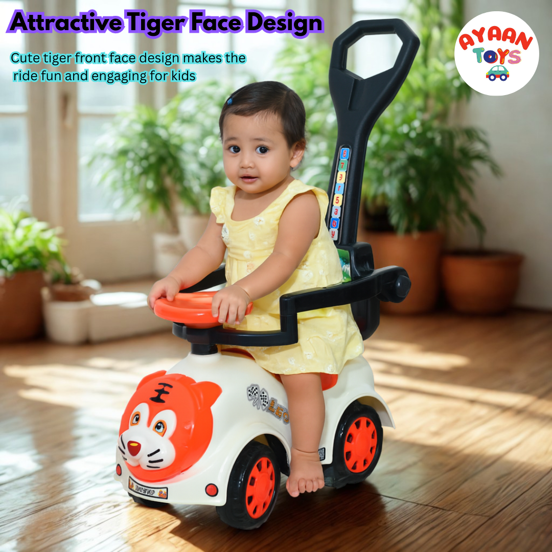 Ayaan Toys Tiger Face Ride-On Push Car for Kids 1–4 Years | Safety Guardrail, Backrest & Parent Handle | Musical Push Ride-On Toy for Boys & Girls | Sturdy Wheelbase & Storage Under Seat.