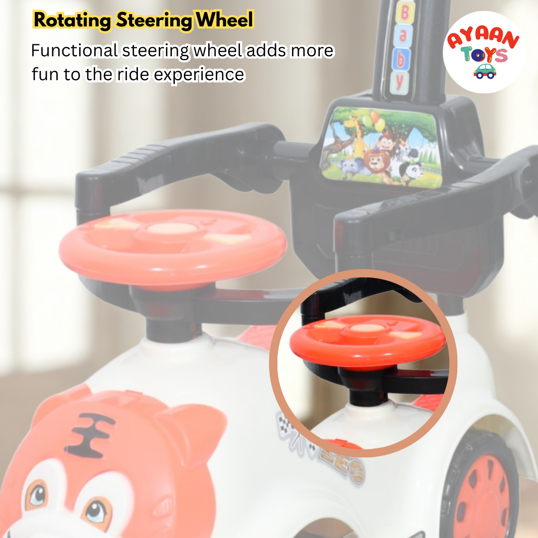 Ayaan Toys Tiger Face Ride-On Push Car for Kids 1–4 Years | Safety Guardrail, Backrest & Parent Handle | Musical Push Ride-On Toy for Boys & Girls | Sturdy Wheelbase & Storage Under Seat.