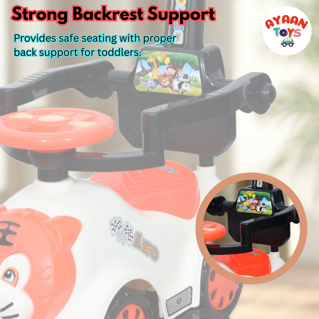 Ayaan Toys Tiger Face Ride-On Push Car for Kids 1–4 Years | Safety Guardrail, Backrest & Parent Handle | Musical Push Ride-On Toy for Boys & Girls | Sturdy Wheelbase & Storage Under Seat.