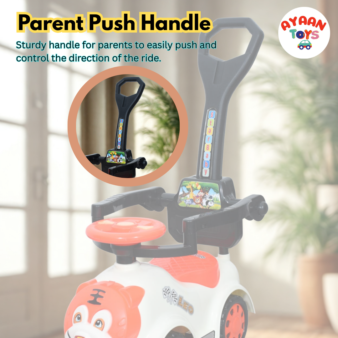 Ayaan Toys Tiger Face Ride-On Push Car for Kids 1–4 Years | Safety Guardrail, Backrest & Parent Handle | Musical Push Ride-On Toy for Boys & Girls | Sturdy Wheelbase & Storage Under Seat.