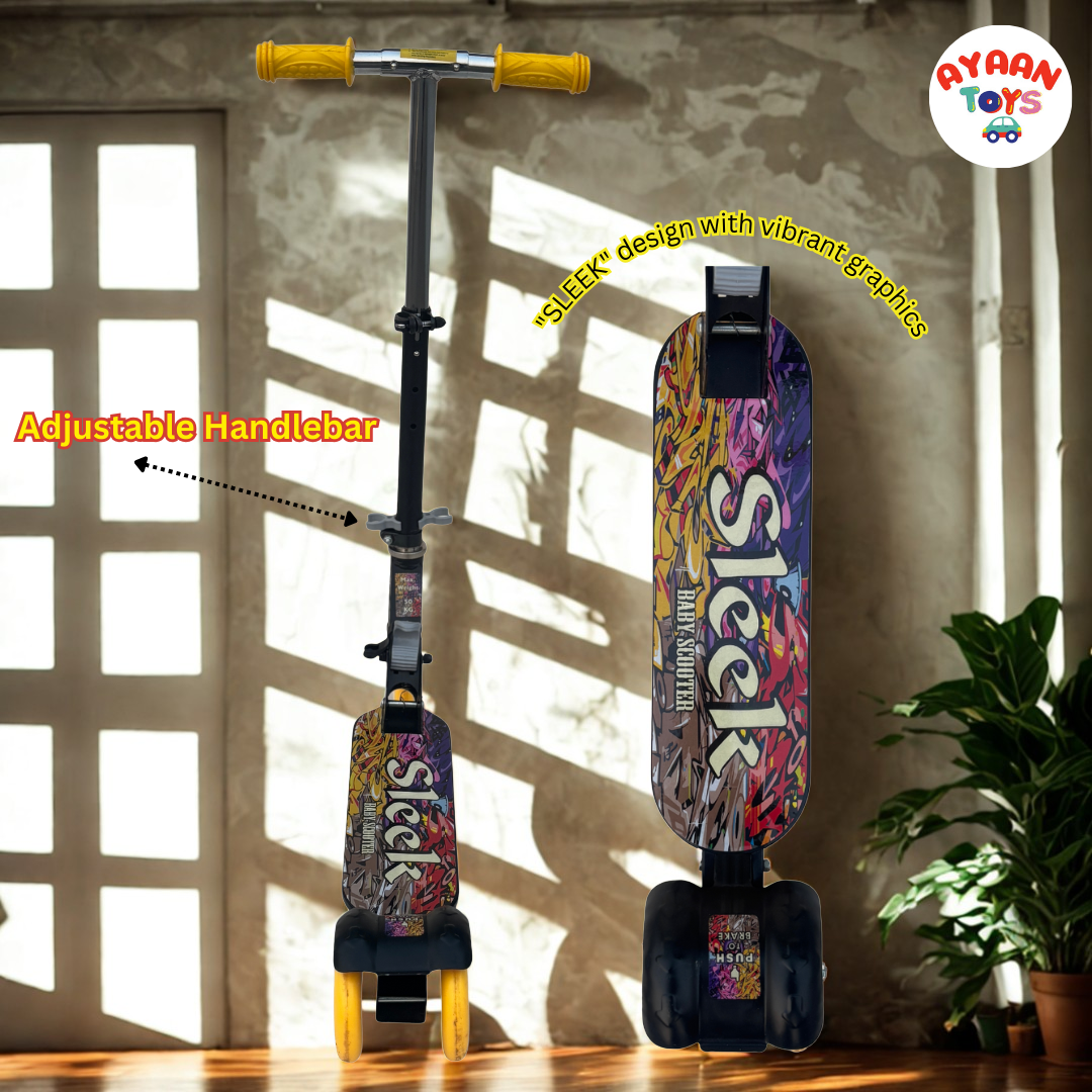 Ayaan Toys -SLEEK Kids Kick Scooter | Adjustable Height, Non-Slip Deck & Colorful Wheels | Durable & Lightweight Graphic color for Boys and Girls