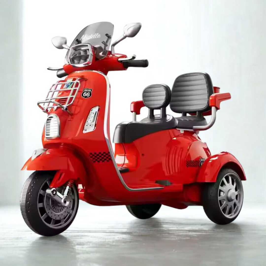 Ayaan Toys Kids Electric Ride-On Scooter | 3-Wheel Battery Operated Scooty for Kids | Dual Seat with Backrest | LED Headlight & Music | Rechargeable Toy Vehicle for Boys & Girls (Red)