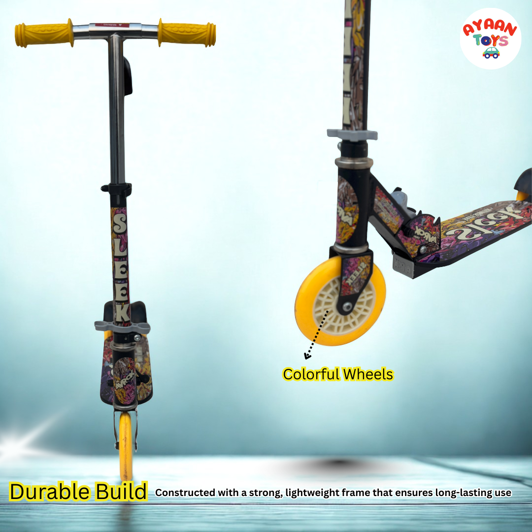 Ayaan Toys -SLEEK Kids Kick Scooter | Adjustable Height, Non-Slip Deck & Colorful Wheels | Durable & Lightweight Graphic color for Boys and Girls