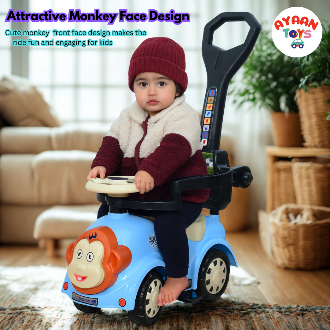 Ayaan Toys Monkey Face Ride-On Push Car for Kids 1–4 Years | Safety Guardrail, Backrest & Parent Handle | Musical Push Ride-On Toy for Boys & Girls | Sturdy Wheelbase & Storage Under Seat.