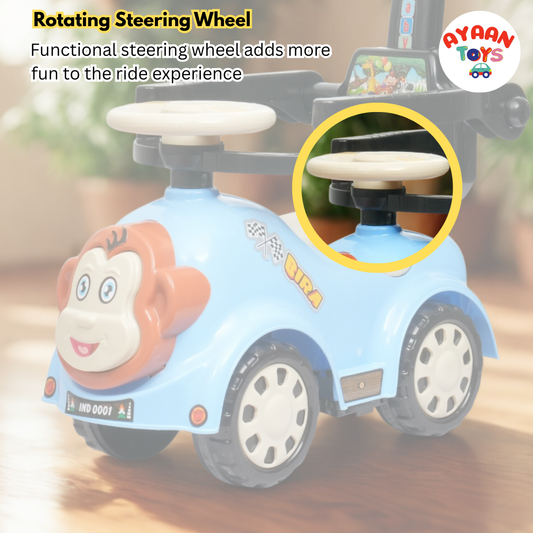 Ayaan Toys Monkey Face Ride-On Push Car for Kids 1–4 Years | Safety Guardrail, Backrest & Parent Handle | Musical Push Ride-On Toy for Boys & Girls | Sturdy Wheelbase & Storage Under Seat.