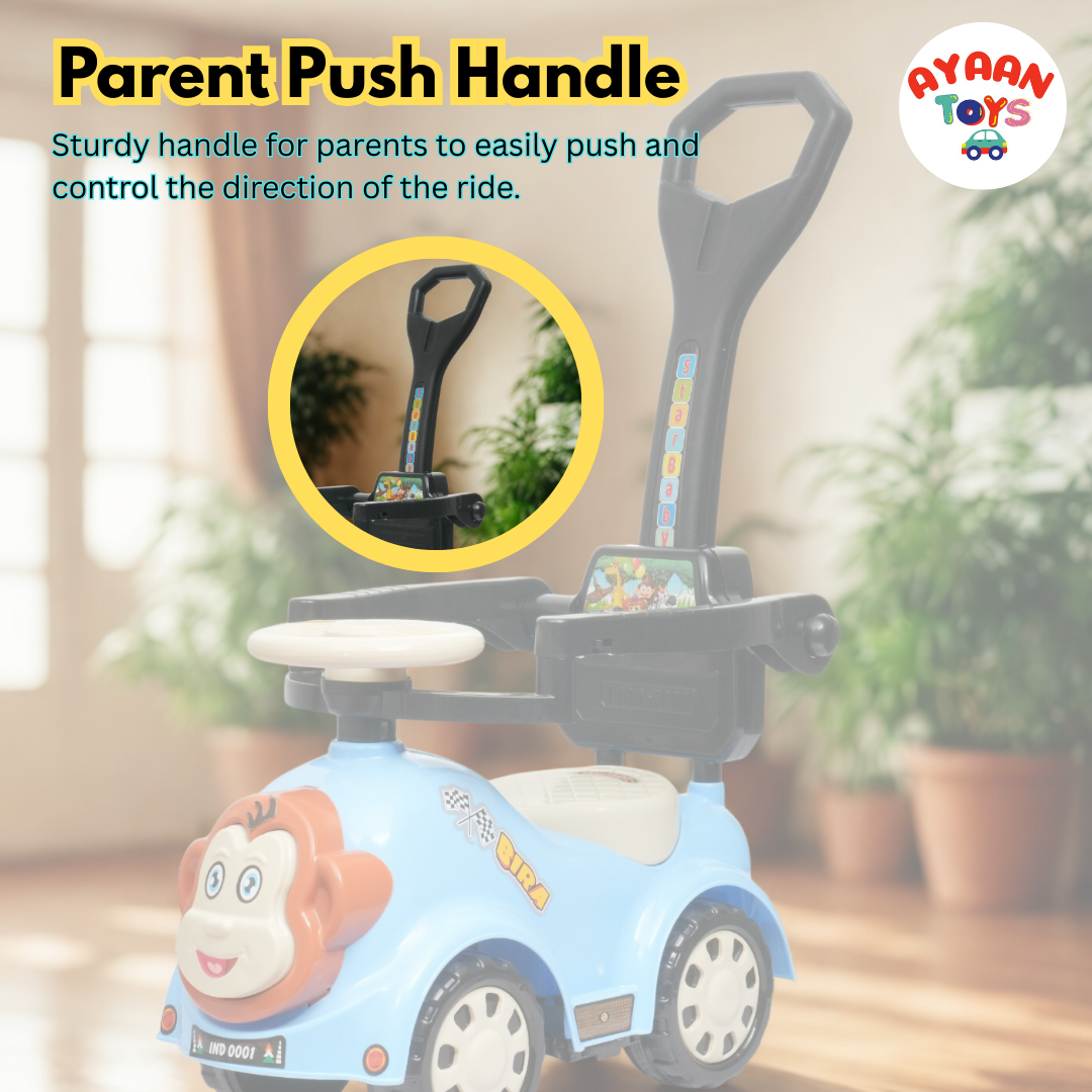 Ayaan Toys Monkey Face Ride-On Push Car for Kids 1–4 Years | Safety Guardrail, Backrest & Parent Handle | Musical Push Ride-On Toy for Boys & Girls | Sturdy Wheelbase & Storage Under Seat.