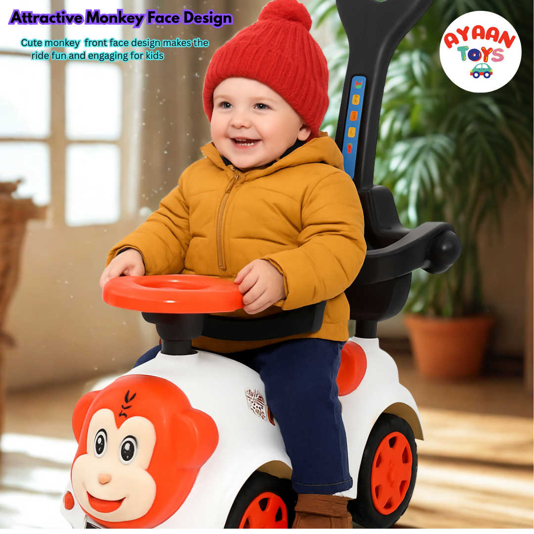 Ayaan Toys Monkey Face Ride-On Push Car for Kids 1–4 Years | Safety Guardrail, Backrest & Parent Handle | Musical Push Ride-On Toy for Boys & Girls | Sturdy Wheelbase & Storage Under Seat.