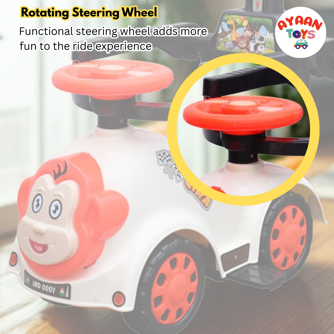 Ayaan Toys Monkey Face Ride-On Push Car for Kids 1–4 Years | Safety Guardrail, Backrest & Parent Handle | Musical Push Ride-On Toy for Boys & Girls | Sturdy Wheelbase & Storage Under Seat.