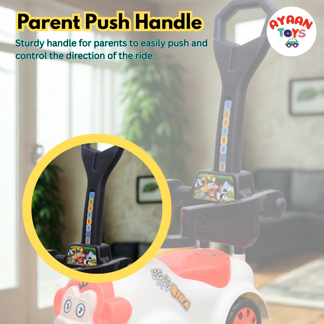 Ayaan Toys Monkey Face Ride-On Push Car for Kids 1–4 Years | Safety Guardrail, Backrest & Parent Handle | Musical Push Ride-On Toy for Boys & Girls | Sturdy Wheelbase & Storage Under Seat.