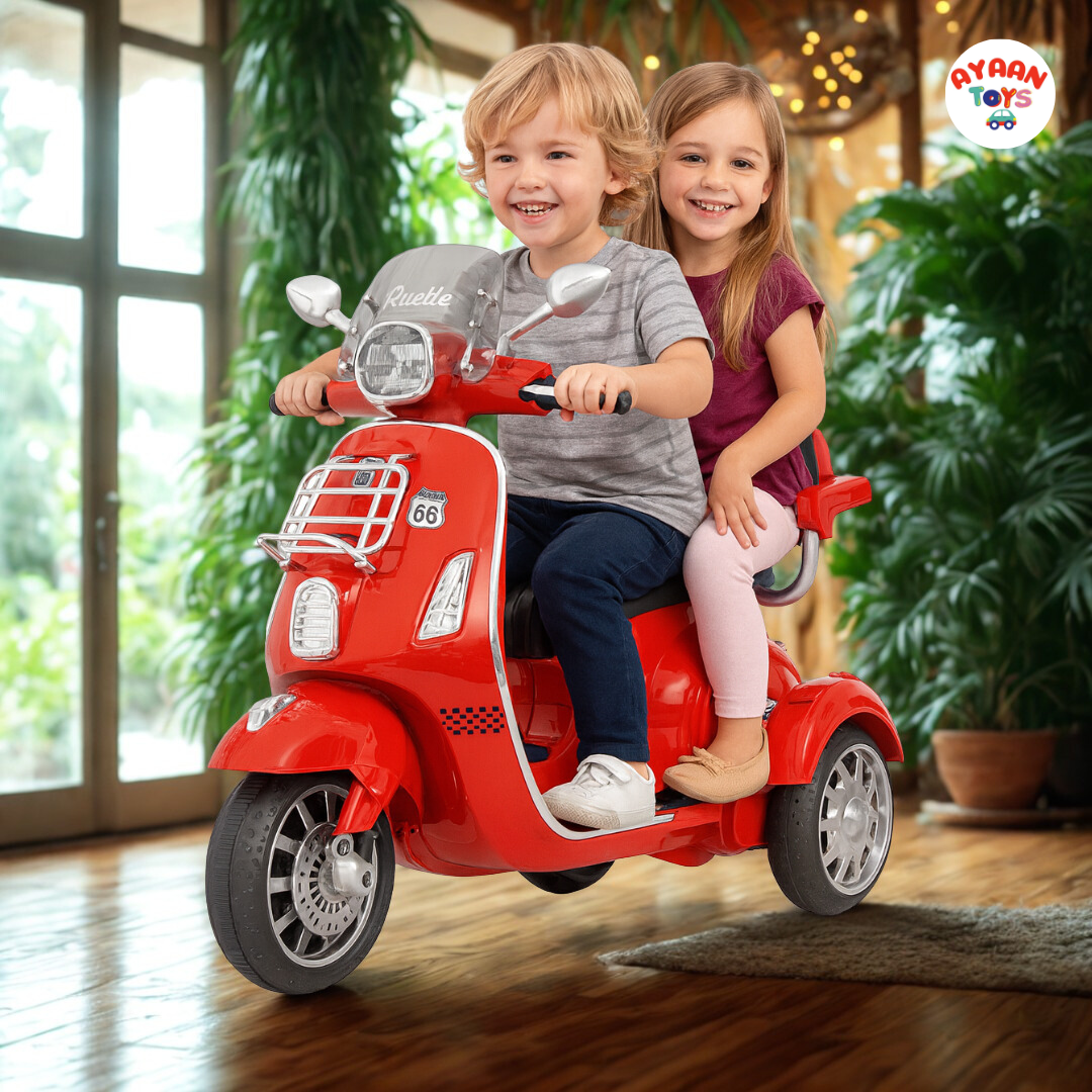Ayaan Toys Kids Electric Ride-On Scooter | 3-Wheel Battery Operated Scooty for Kids | Dual Seat with Backrest | LED Headlight & Music | Rechargeable Toy Vehicle for Boys & Girls (Red)