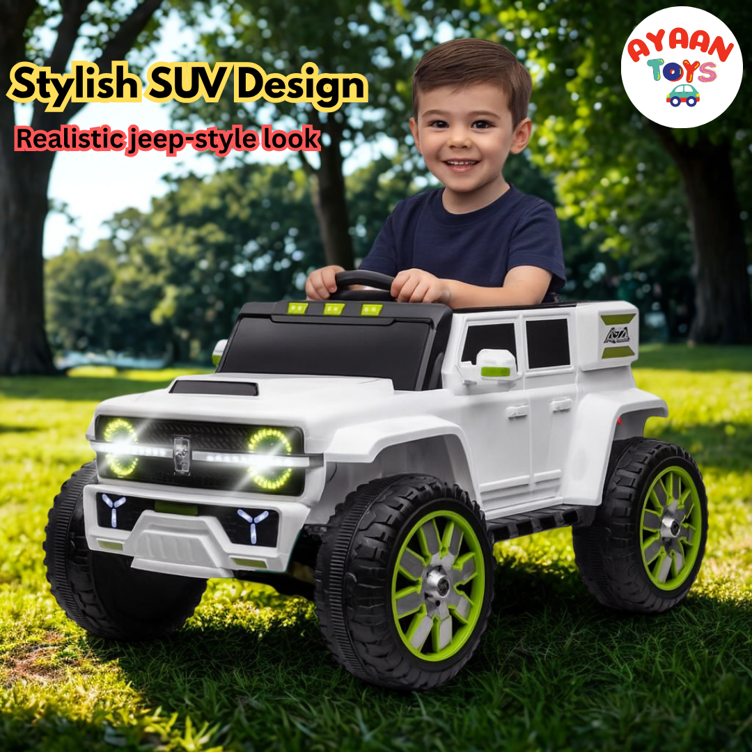 Ayaan Toys - Kids Battery Jeep Car – Off-Road Style, LED Lights, Large Wheels Electric Ride On Car | Battery Operated Jeep for 2-10 Year Boys & Girls | 4 Powerful Motors, Bluetooth Music, LED Lights | Remote + Steering + Mobile App.