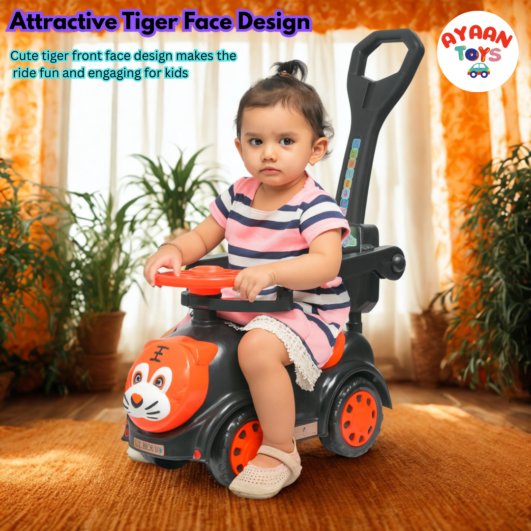 Ayaan Toys Tiger Face Ride-On Push Car for Kids 1–4 Years | Safety Guardrail, Backrest & Parent Handle | Musical Push Ride-On Toy for Boys & Girls | Sturdy Wheelbase & Storage Under Seat.
