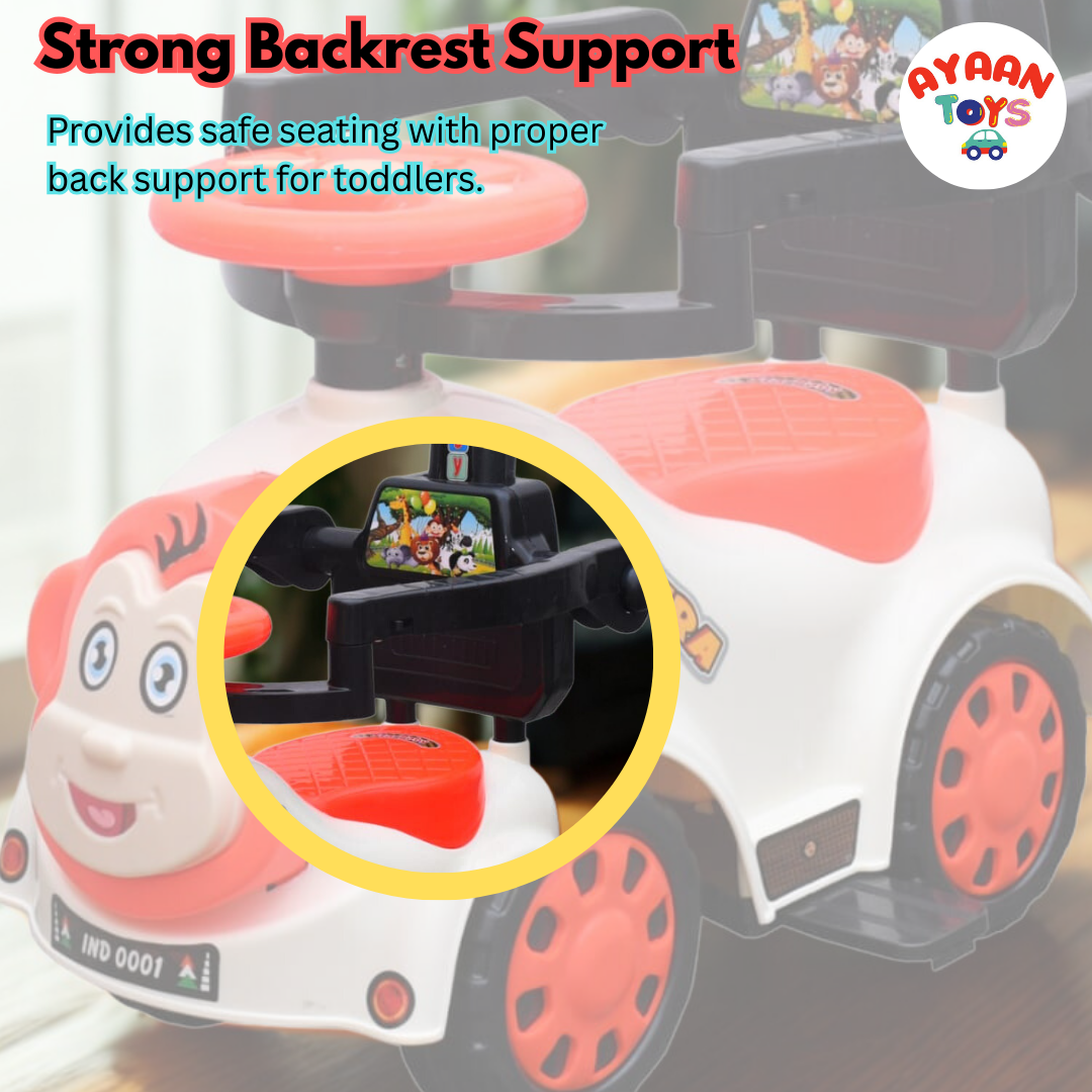 Ayaan Toys Monkey Face Ride-On Push Car for Kids 1–4 Years | Safety Guardrail, Backrest & Parent Handle | Musical Push Ride-On Toy for Boys & Girls | Sturdy Wheelbase & Storage Under Seat.