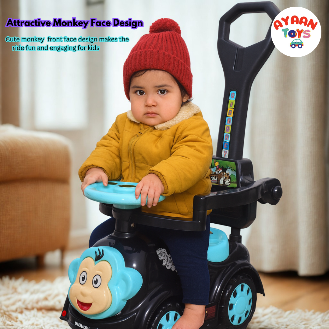 Ayaan Toys Monkey Face Ride-On Push Car for Kids 1–4 Years | Safety Guardrail, Backrest & Parent Handle | Musical Push Ride-On Toy for Boys & Girls | Sturdy Wheelbase & Storage Under Seat.
