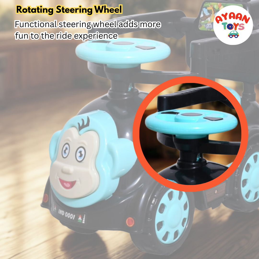 Ayaan Toys Monkey Face Ride-On Push Car for Kids 1–4 Years | Safety Guardrail, Backrest & Parent Handle | Musical Push Ride-On Toy for Boys & Girls | Sturdy Wheelbase & Storage Under Seat.