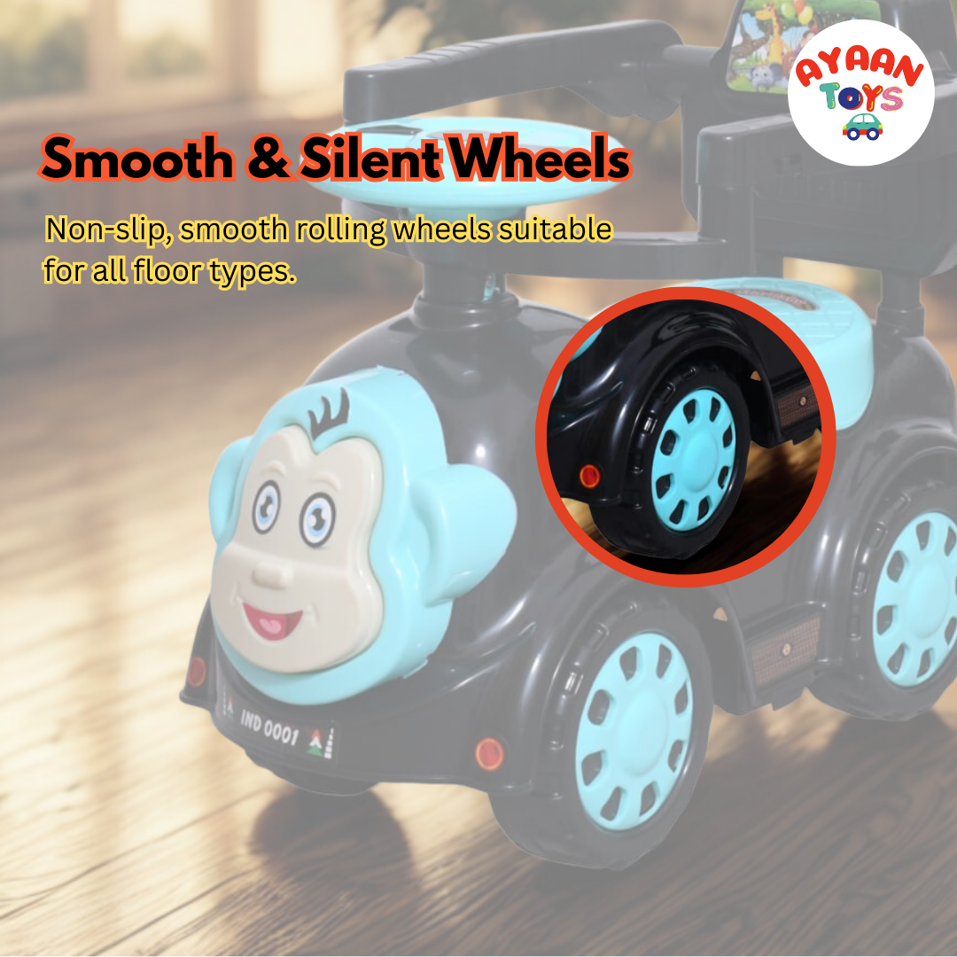 Ayaan Toys Monkey Face Ride-On Push Car for Kids 1–4 Years | Safety Guardrail, Backrest & Parent Handle | Musical Push Ride-On Toy for Boys & Girls | Sturdy Wheelbase & Storage Under Seat.
