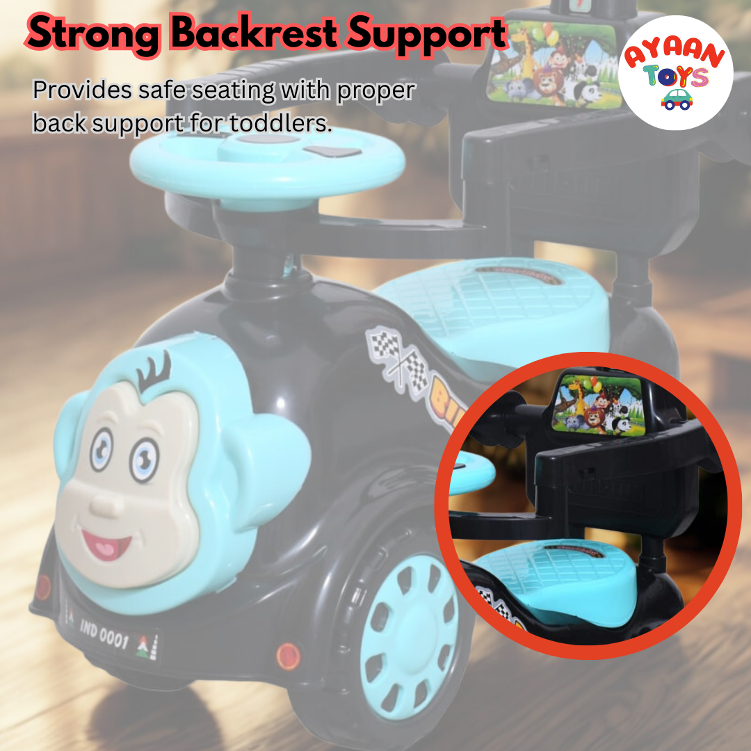 Ayaan Toys Monkey Face Ride-On Push Car for Kids 1–4 Years | Safety Guardrail, Backrest & Parent Handle | Musical Push Ride-On Toy for Boys & Girls | Sturdy Wheelbase & Storage Under Seat.
