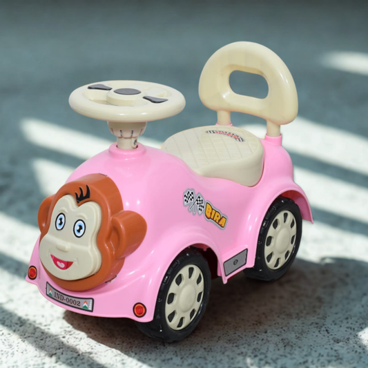 Ayaan Toys -  Monkey Face Ride On Car for Kids 1–4 Years | Push Ride On with Backrest & Steering Wheel | Pink Baby Ride On Toy | Indoor Outdoor Foot-to-Floor Car
