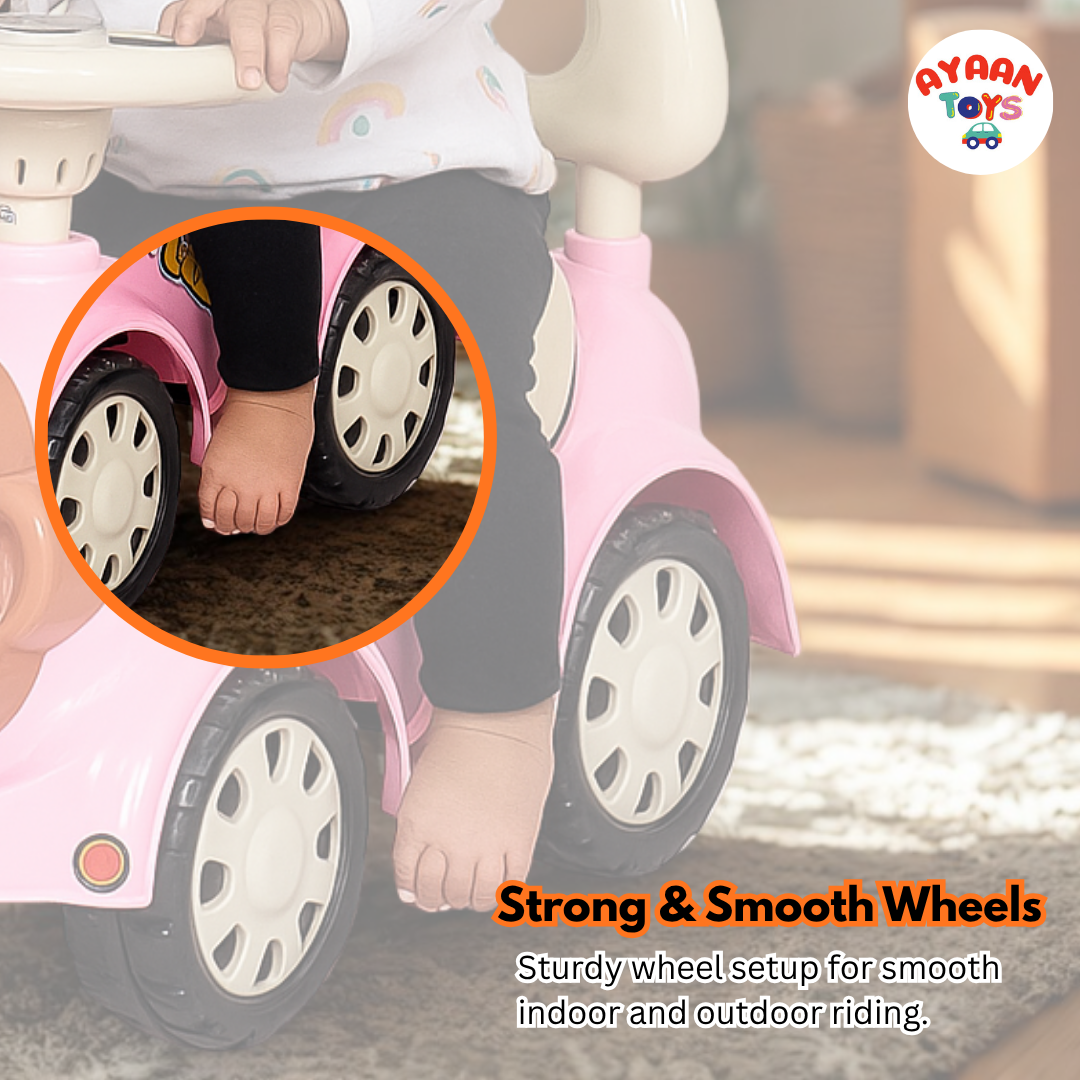 Ayaan Toys -  Monkey Face Ride On Car for Kids 1–4 Years | Push Ride On with Backrest & Steering Wheel | Pink Baby Ride On Toy | Indoor Outdoor Foot-to-Floor Car