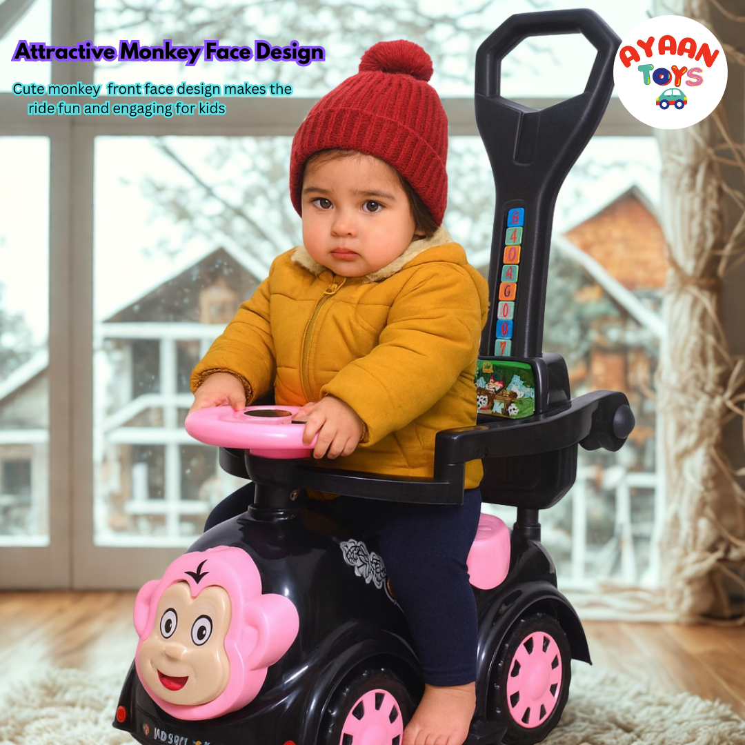 Ayaan Toys Monkey Face Ride-On Push Car for Kids 1–4 Years | Safety Guardrail, Backrest & Parent Handle | Musical Push Ride-On Toy for Boys & Girls | Sturdy Wheelbase & Storage Under Seat.