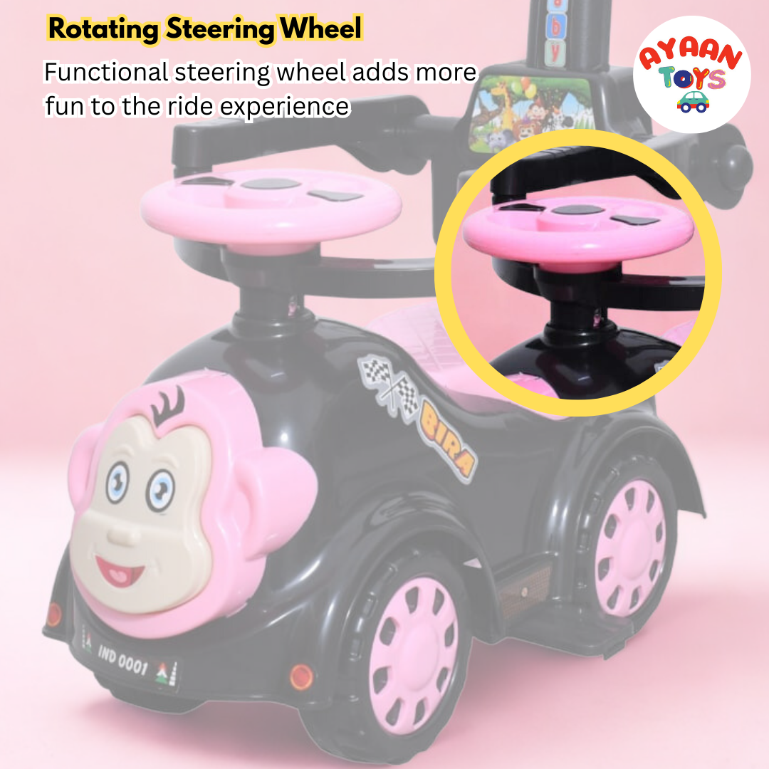 Ayaan Toys Monkey Face Ride-On Push Car for Kids 1–4 Years | Safety Guardrail, Backrest & Parent Handle | Musical Push Ride-On Toy for Boys & Girls | Sturdy Wheelbase & Storage Under Seat.