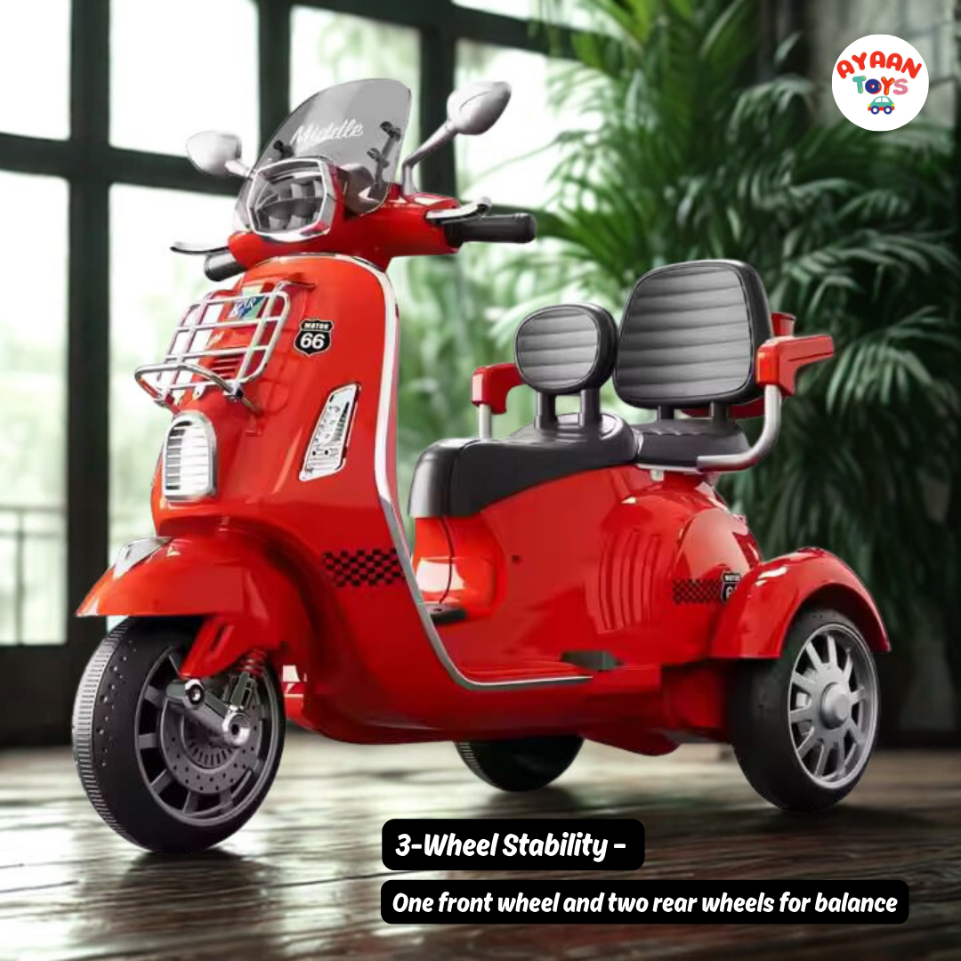 Ayaan Toys Kids Electric Ride-On Scooter | 3-Wheel Battery Operated Scooty for Kids | Dual Seat with Backrest | LED Headlight & Music | Rechargeable Toy Vehicle for Boys & Girls (Red)