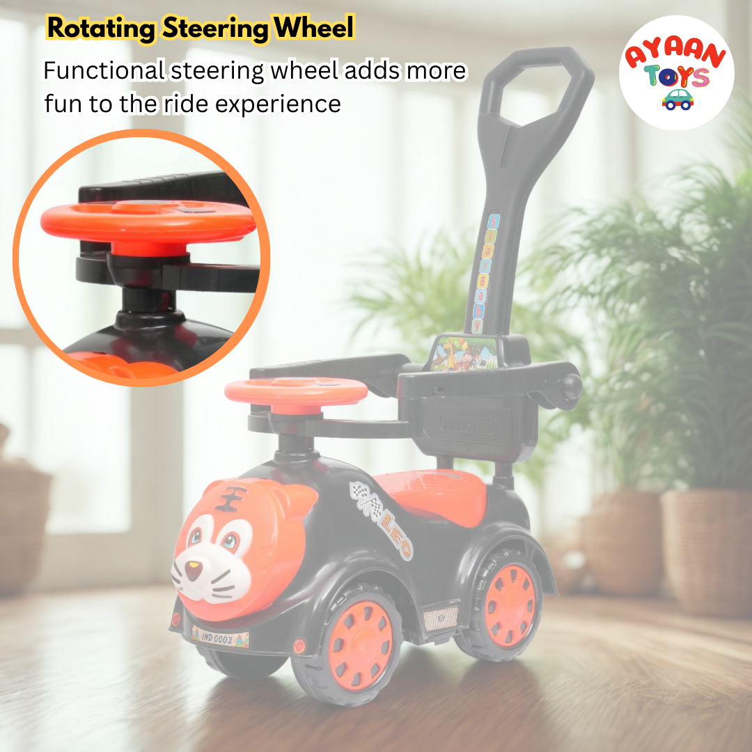 Ayaan Toys Tiger Face Ride-On Push Car for Kids 1–4 Years | Safety Guardrail, Backrest & Parent Handle | Musical Push Ride-On Toy for Boys & Girls | Sturdy Wheelbase & Storage Under Seat.