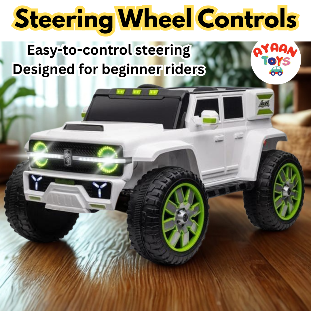Ayaan Toys - Kids Battery Jeep Car – Off-Road Style, LED Lights, Large Wheels Electric Ride On Car | Battery Operated Jeep for 2-10 Year Boys & Girls | 4 Powerful Motors, Bluetooth Music, LED Lights | Remote + Steering + Mobile App.