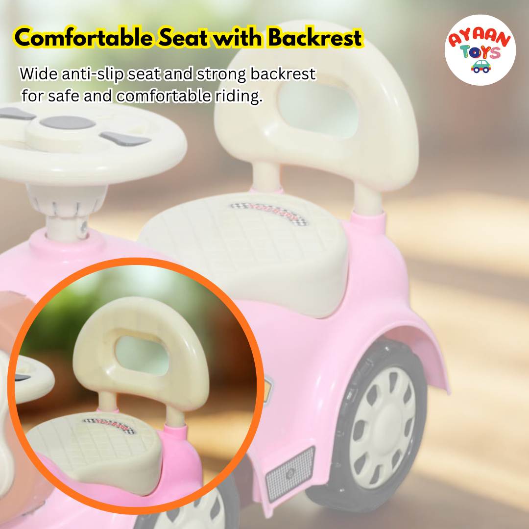 Ayaan Toys -  Monkey Face Ride On Car for Kids 1–4 Years | Push Ride On with Backrest & Steering Wheel | Pink Baby Ride On Toy | Indoor Outdoor Foot-to-Floor Car