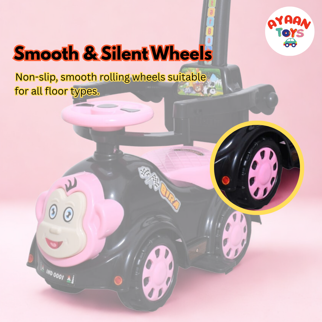 Ayaan Toys Monkey Face Ride-On Push Car for Kids 1–4 Years | Safety Guardrail, Backrest & Parent Handle | Musical Push Ride-On Toy for Boys & Girls | Sturdy Wheelbase & Storage Under Seat.