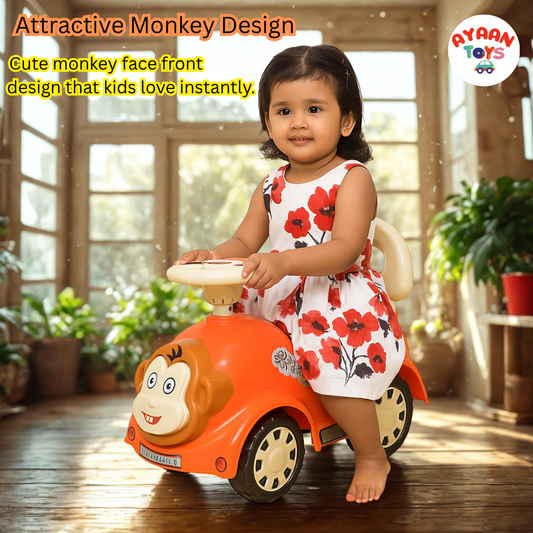 Ayaan Toys -  Monkey Face Ride On Car for Kids 1–4 Years | Push Ride On with Backrest & Steering Wheel | Baby Ride On Toy | Indoor Outdoor Foot-to-Floor Car