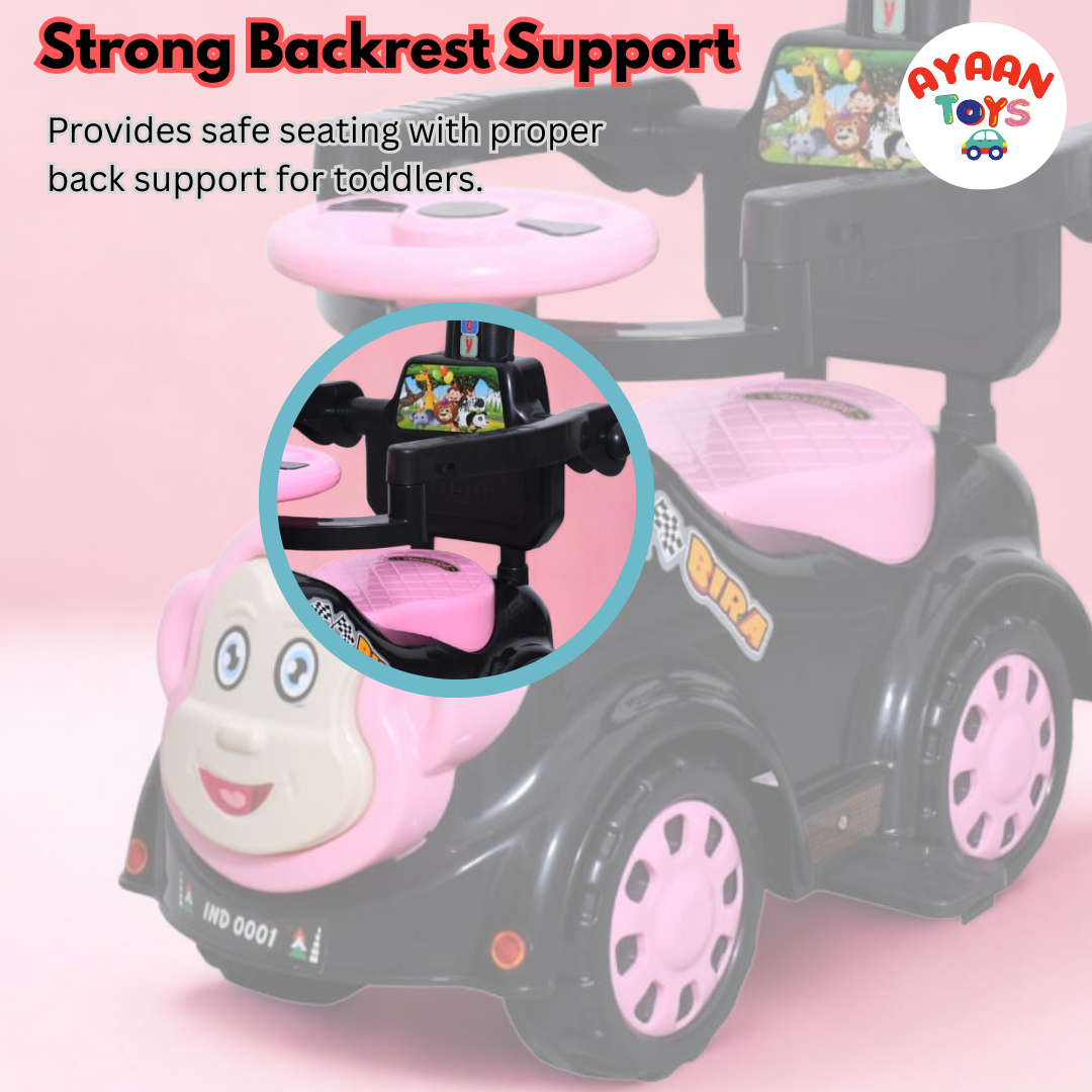 Ayaan Toys Monkey Face Ride-On Push Car for Kids 1–4 Years | Safety Guardrail, Backrest & Parent Handle | Musical Push Ride-On Toy for Boys & Girls | Sturdy Wheelbase & Storage Under Seat.