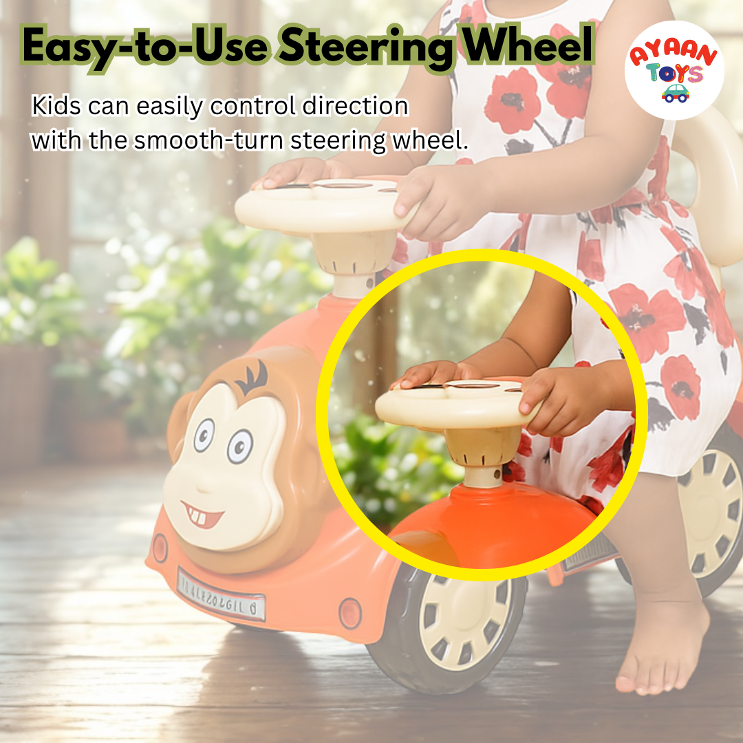 Ayaan Toys -  Monkey Face Ride On Car for Kids 1–4 Years | Push Ride On with Backrest & Steering Wheel | Baby Ride On Toy | Indoor Outdoor Foot-to-Floor Car