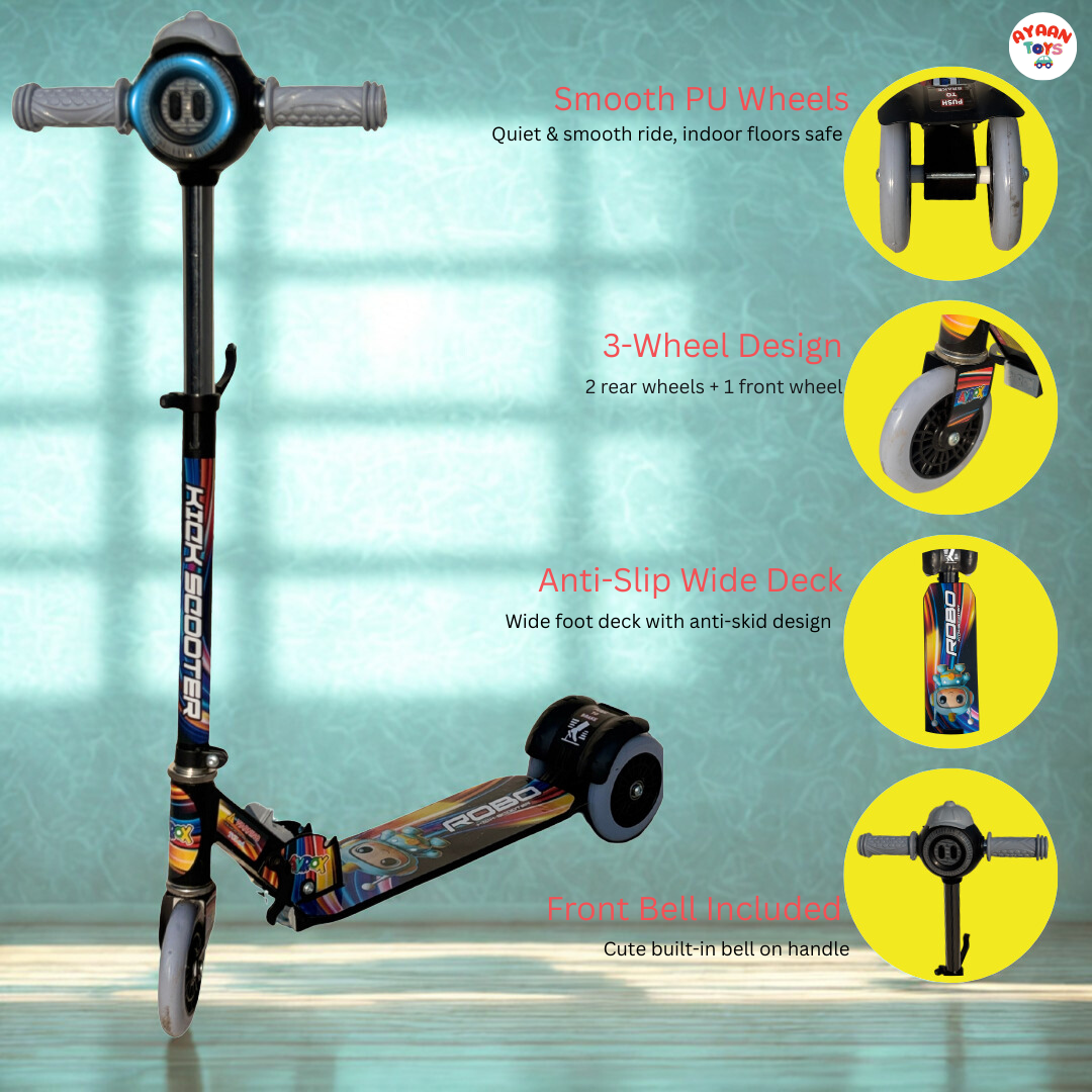Ayaan Toys - ROBO Kids 3 Wheel Kick Scooter for Boys & Girls | Adjustable Height Smooth Wheels | Safe & Stable Ride | Multicolor Fun & Safe Ride.